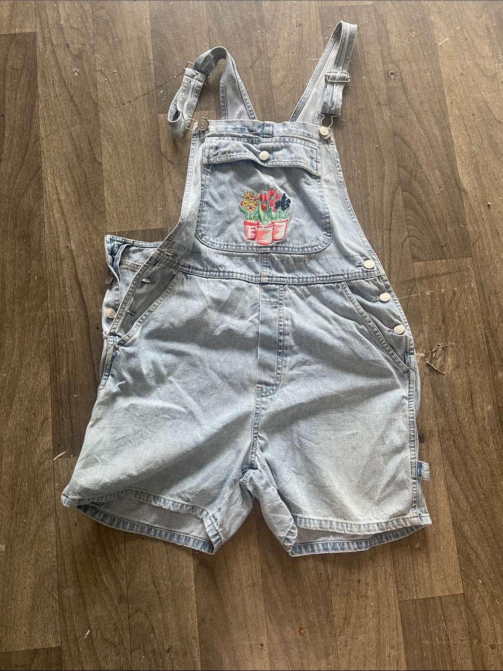 Cherokee Light Blue Denim Short Overalls with Embroidered Pocket